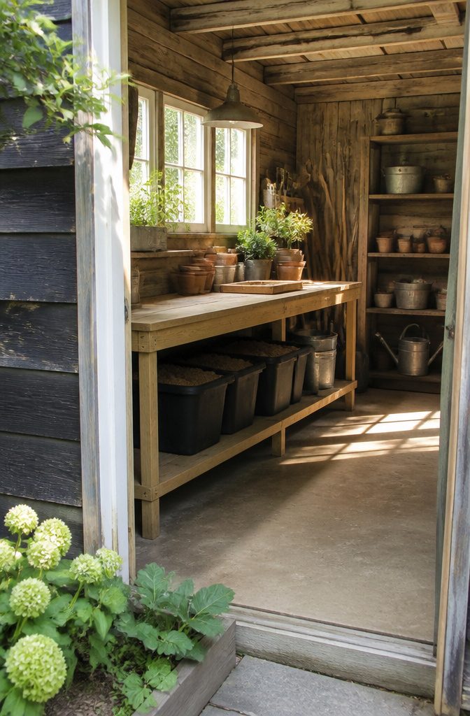 6 Garden Shed Ideas for a Better Backyard: Styles for 2026 6 A potting shed featuring a wooden bench and neatly arranged gardening tools.