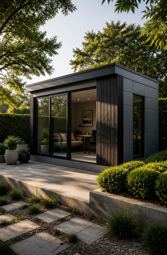 6 Garden Shed Ideas for a Better Backyard: Styles for 2026 4 A sleek modern shed made with fiber cement panels and large glass windows.