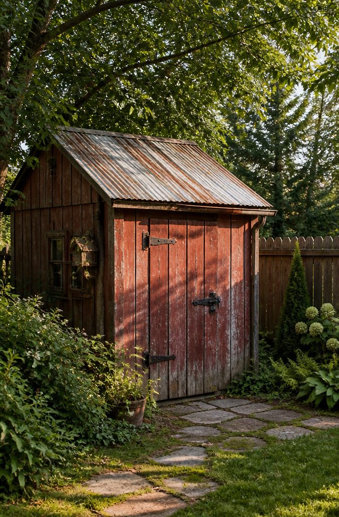 6 Garden Shed Ideas for a Better Backyard: Styles for 2026 2 A rustic shed made of reclaimed barn siding with a corrugated metal roof.