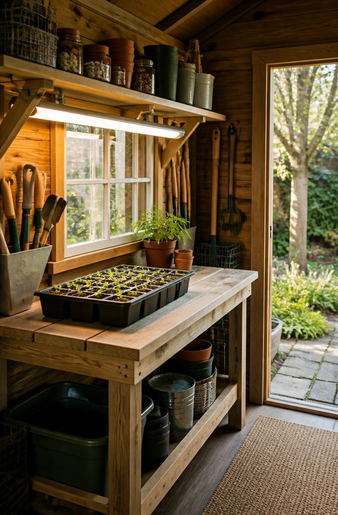 6 Garden Shed Ideas for a Better Backyard: Styles for 2026 9 A shed interior featuring a workbench and labeled containers for gardening.