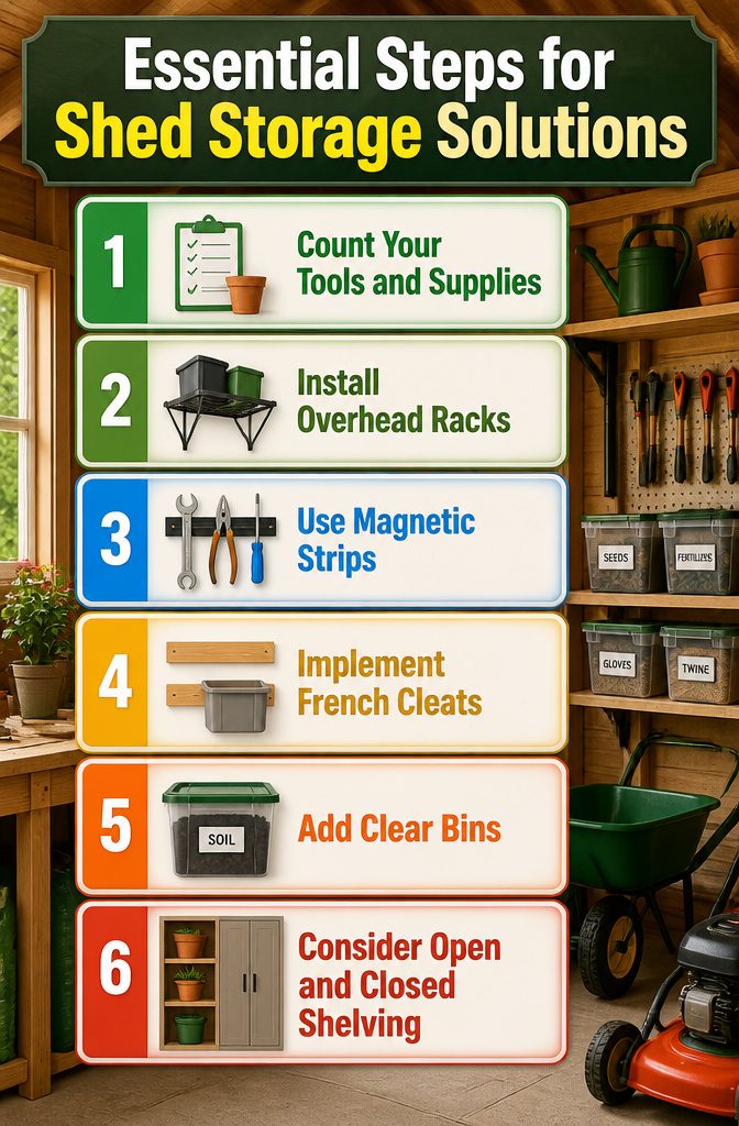 6 Garden Shed Ideas for a Better Backyard: Styles for 2026 8 A well-organized shed showing various storage solutions for gardening tools.