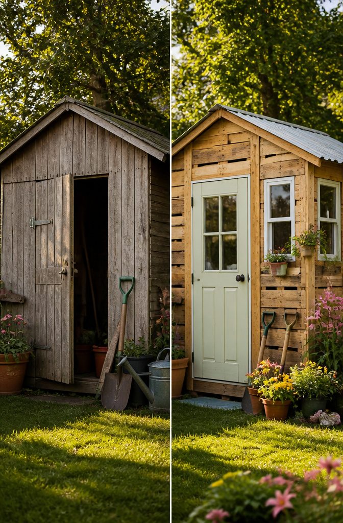 6 Garden Shed Ideas for a Better Backyard: Styles for 2026 7 A shed constructed with pallet walls and repurposed doors and windows.