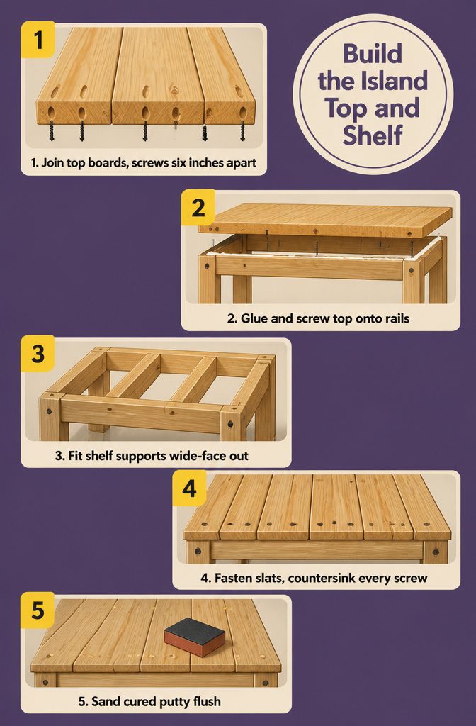Wooden island top and shelf slats attached to a farmhouse base