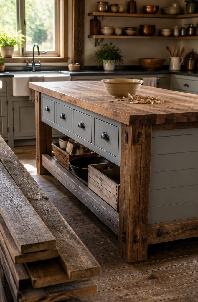 Farmhouse island with butcher-block top, exposed beams, shiplap panels, and metal pulls