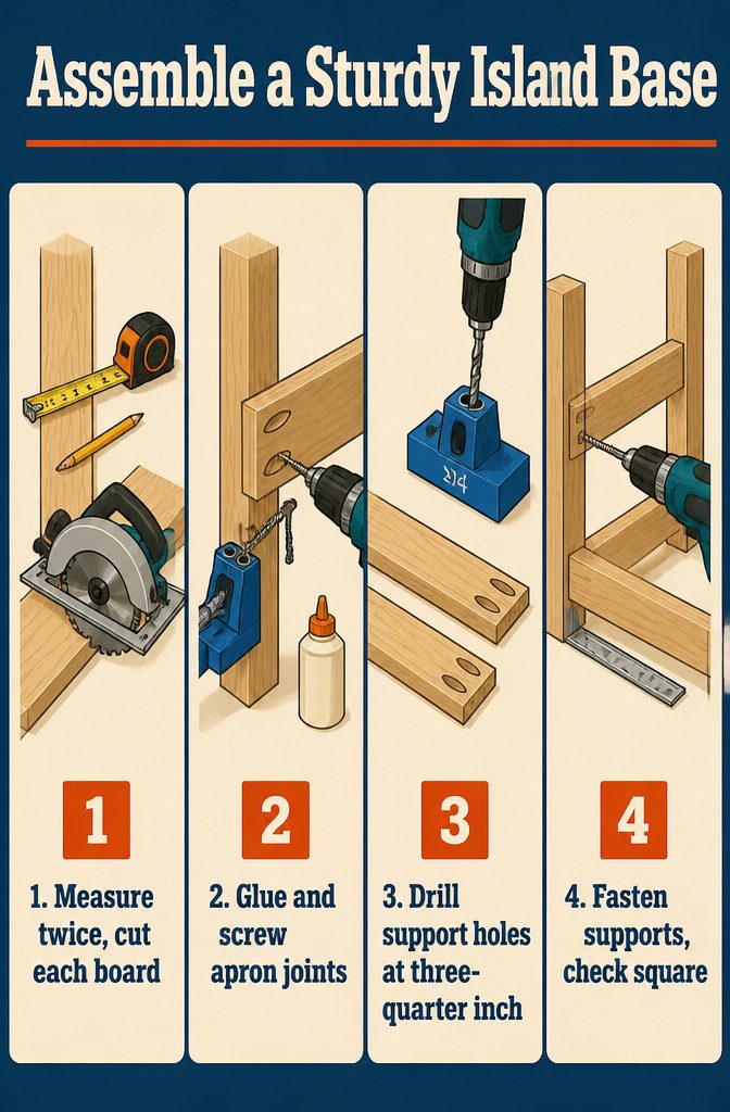 Kitchen island base with wooden legs, apron boards, and shelf supports