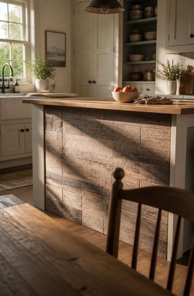 Farmhouse island with warm-brown textured vinyl tiles on its side panels
