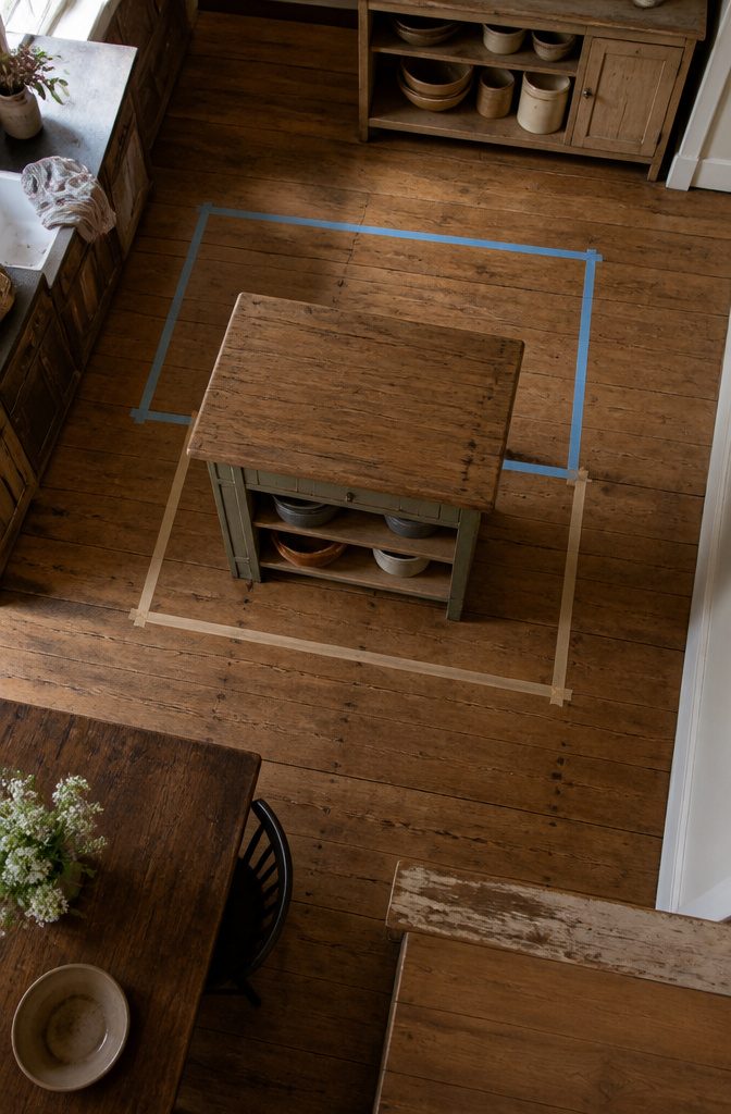 Kitchen floor with tape marking a farmhouse island footprint