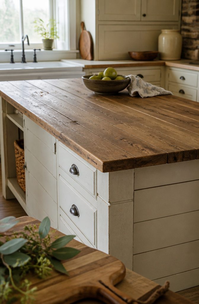 Farmhouse kitchen island with a stained wood top and soft gray base