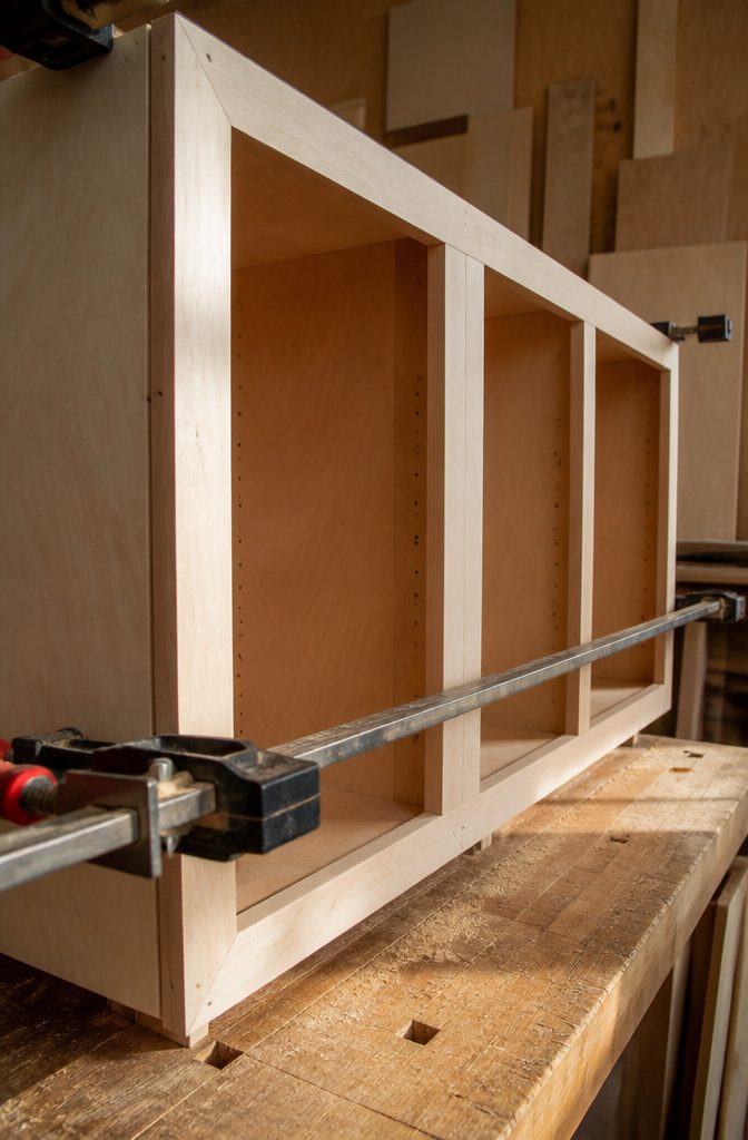 Cabinet face frame fitted across joined cabinet boxes with rails and center stile