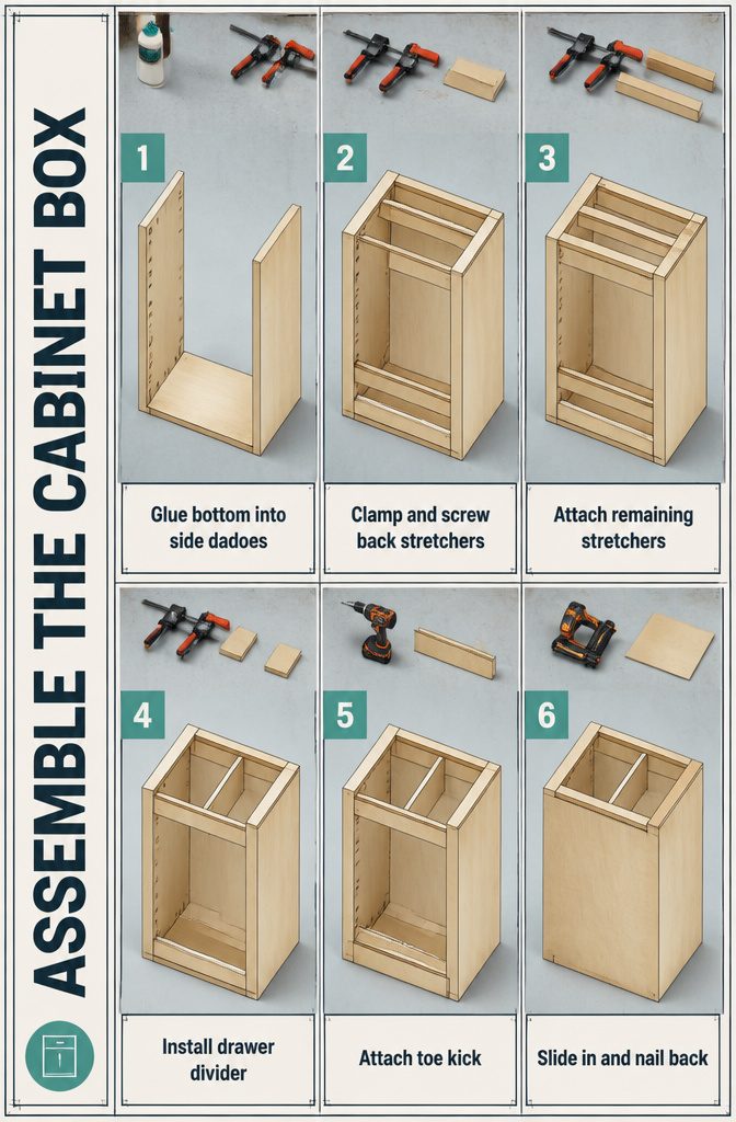 Cabinet box assembly with stretchers, drawer divider, toe kick, and plywood back