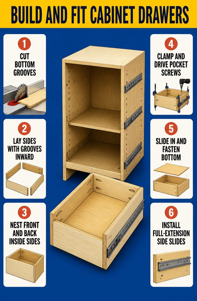 Cabinet drawer parts arranged around a grooved plywood bottom with side-mount slides