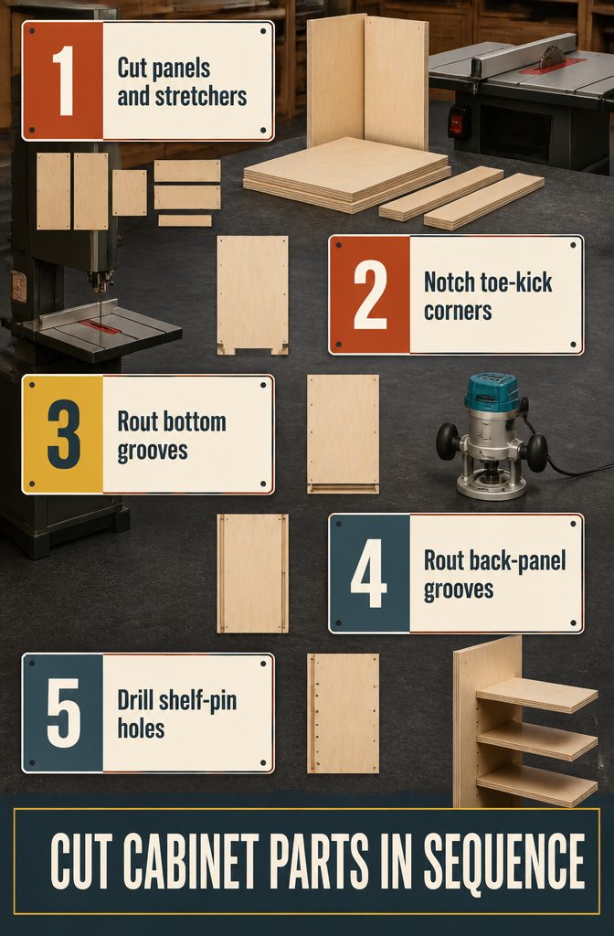 Cabinet plywood parts arranged in cutting order with notched sides and routed grooves