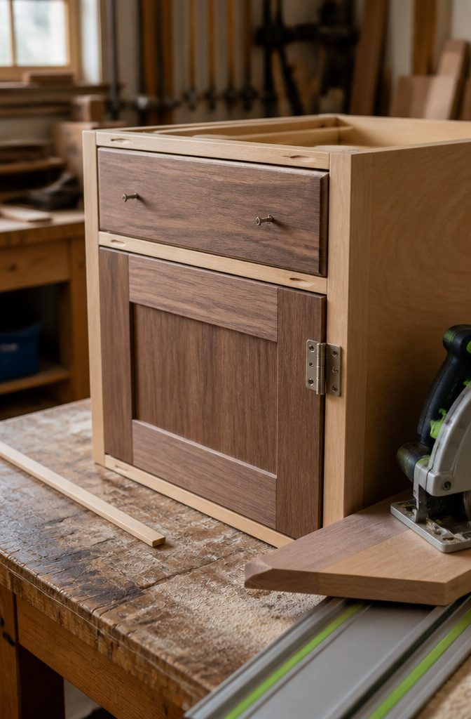 Cabinet door and drawer front aligned with spacer strips beside a hinge and track saw