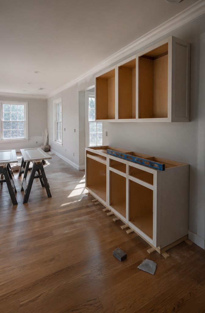 Base cabinets positioned against a wall with shims and cabinet screws nearby