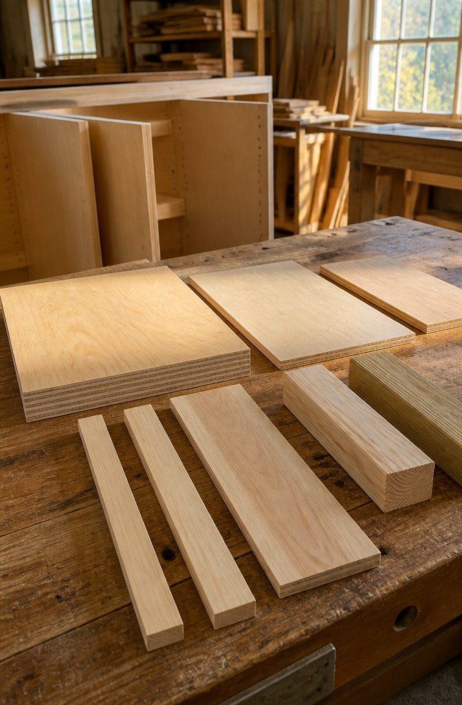 Plywood panels with poplar, hard maple, a 2×4, and a 2×3 on a workbench