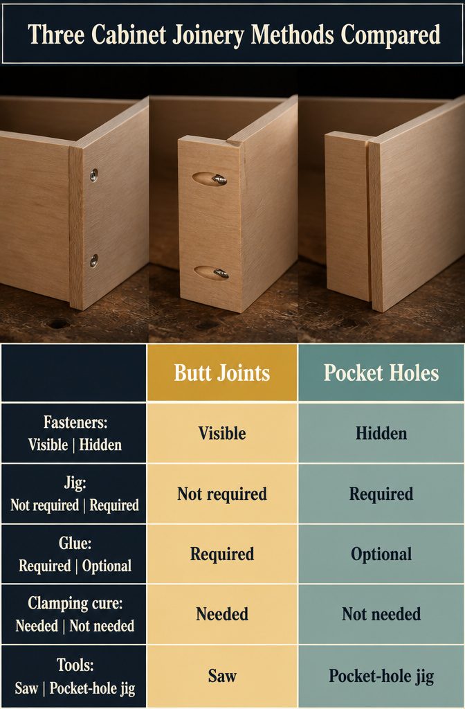 Three cabinet joinery methods shown side by side with labeled joint details