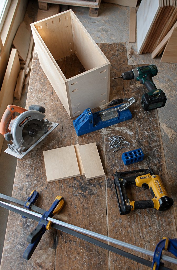 Pocket-hole jig beside a drill, clamps, and saw on a workshop bench