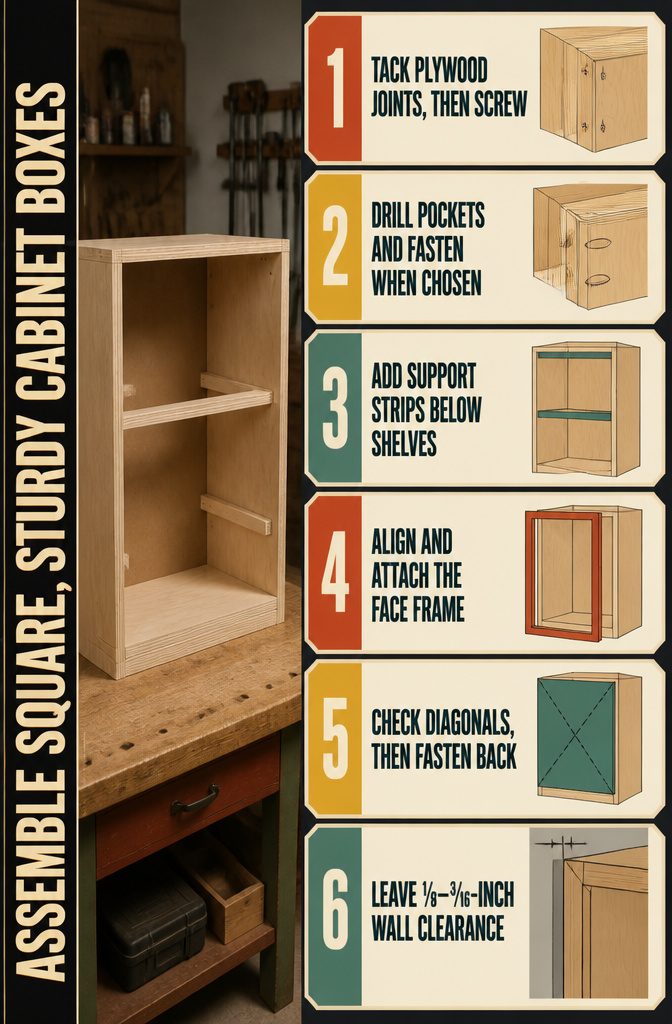 How to Build Cabinets: 9 Steps from Planning to Finish 7 Cabinet assembly diagram showing support strips face frame and back panel
