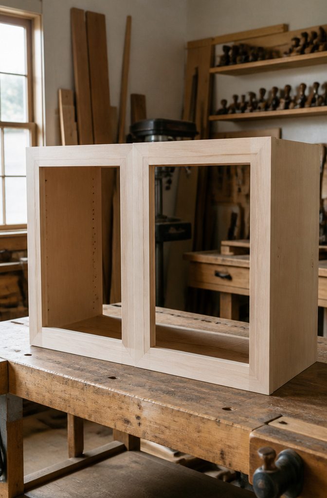 How to Build Cabinets: 9 Steps from Planning to Finish 6 Cabinet box and wooden face frame beside plywood with exposed front edges