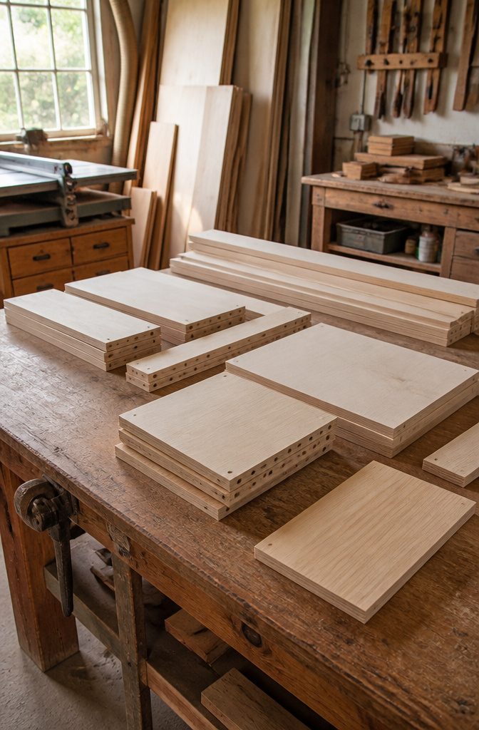 How to Build Cabinets: 9 Steps from Planning to Finish 5 Cut plywood cabinet panels stacked beside tools in a workshop