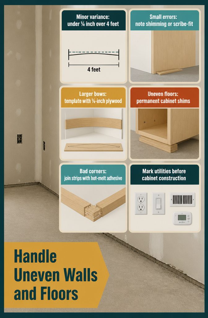 How to Build Cabinets: 9 Steps from Planning to Finish 12 Plywood scribing template held against an uneven wall corner