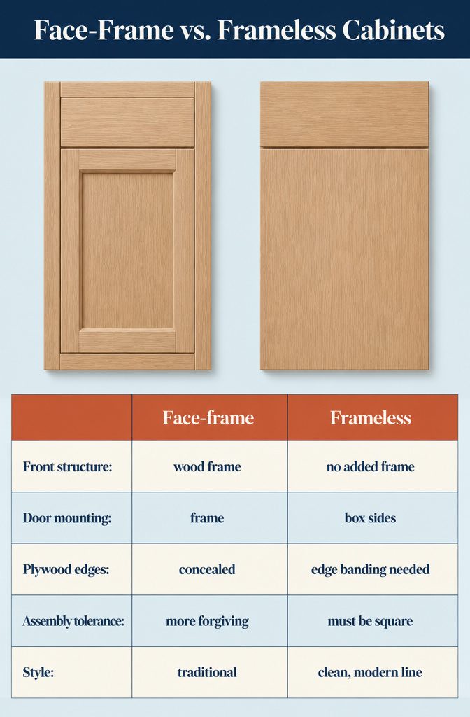 How to Build Cabinets: 9 Steps from Planning to Finish 11 Diagram comparing framed cabinet fronts with frameless plywood cabinet edges