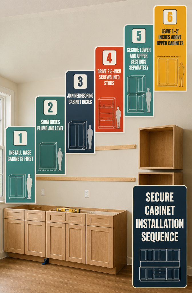 How to Build Cabinets: 9 Steps from Planning to Finish 8 Cabinet installation diagram with shims and wall stud fastening points