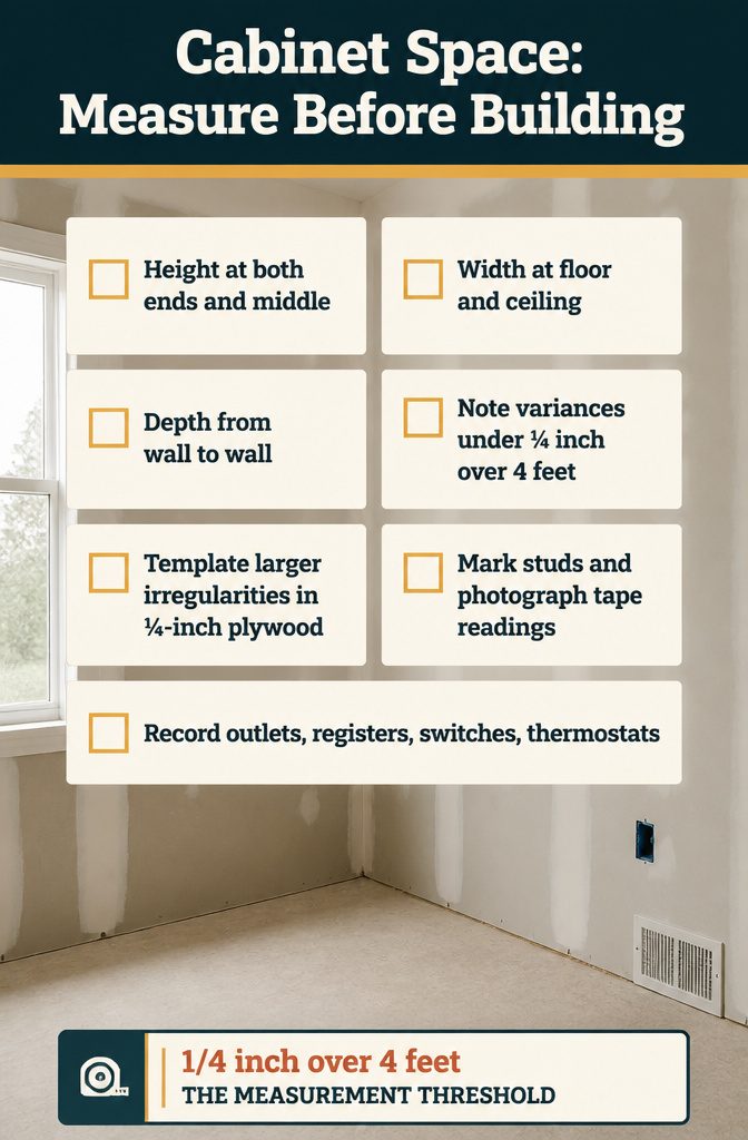 How to Build Cabinets: 9 Steps from Planning to Finish 2 Cabinet space measuring guide with dimensions marked around a wall opening