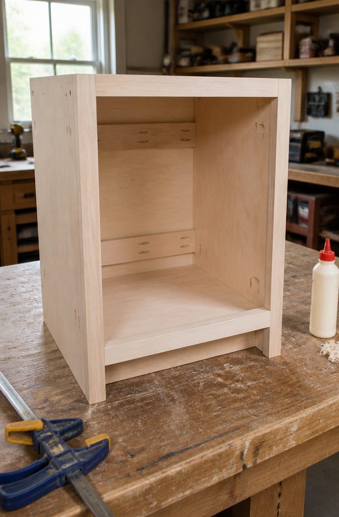 Garage cabinet box and face frame joined with pocket hole screws