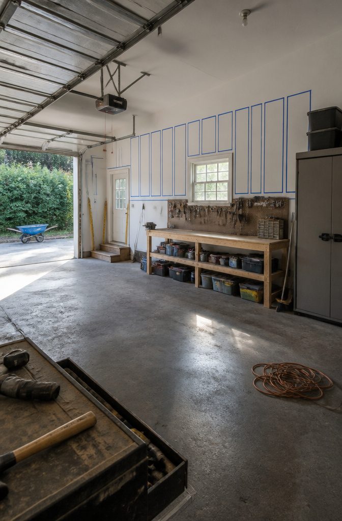 Garage wall with a window, door, outlets, and existing storage
