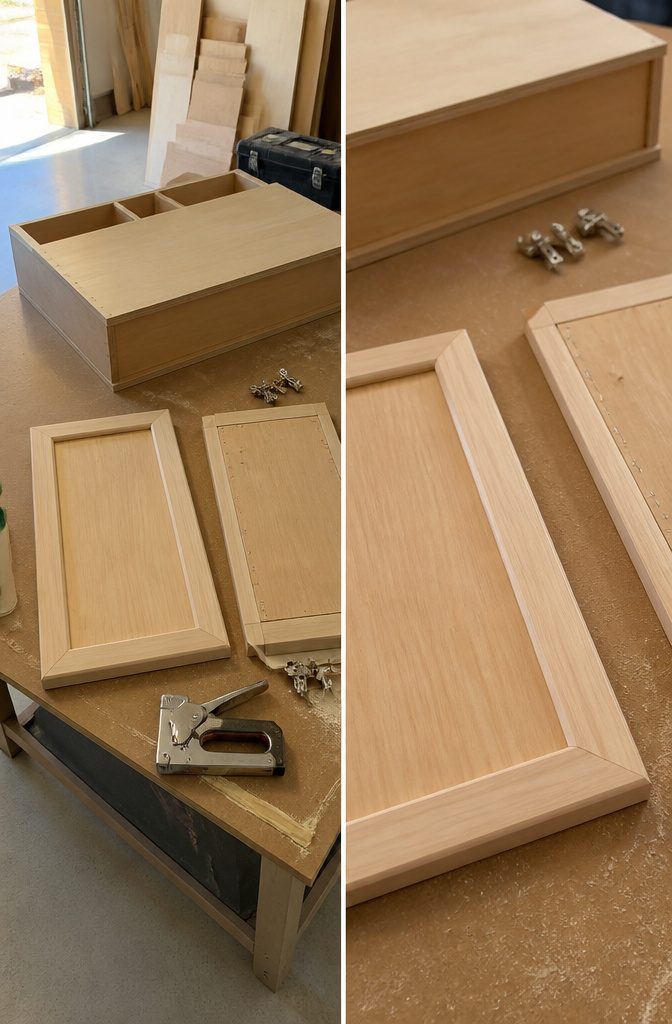 Cabinet with plywood backing and framed doors beside glue and staples