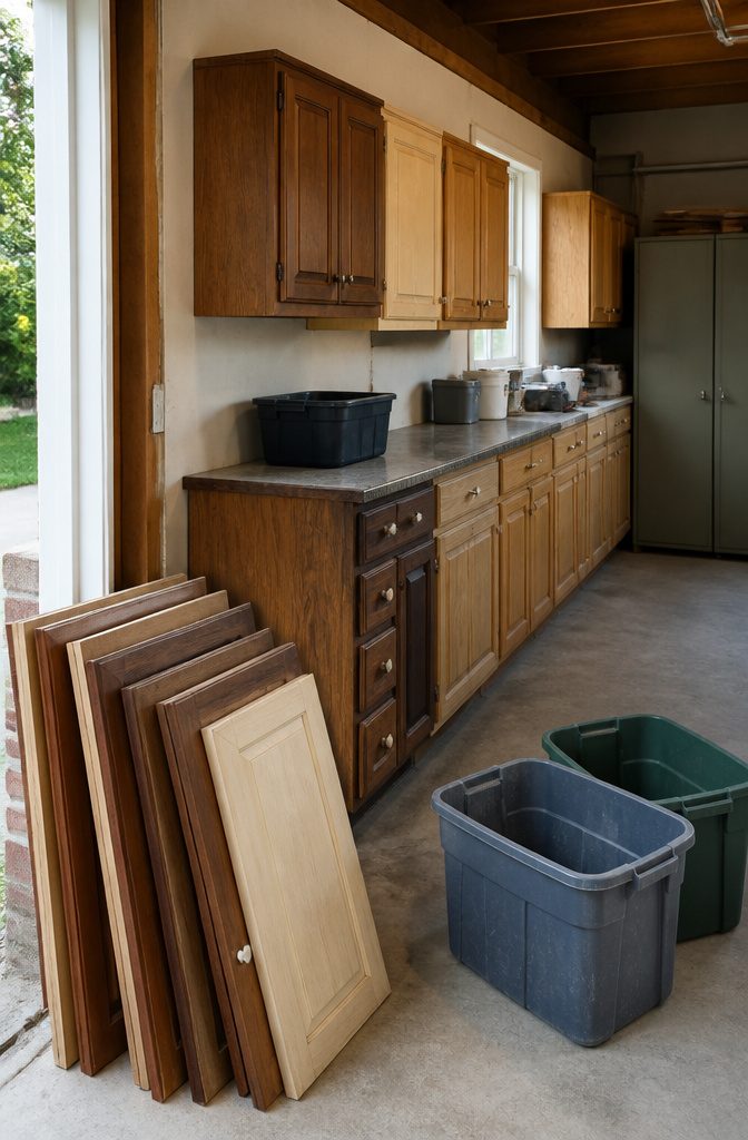 Reused hardwood kitchen cabinets beside metal cabinets in a garage