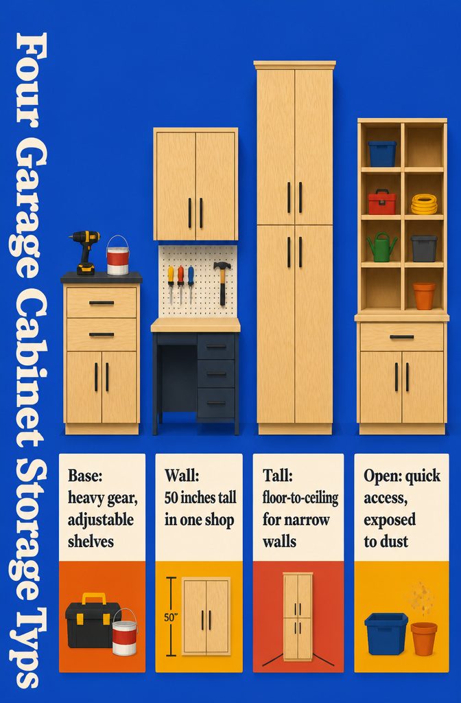 Diagram of base wall tall and specialty garage cabinet types