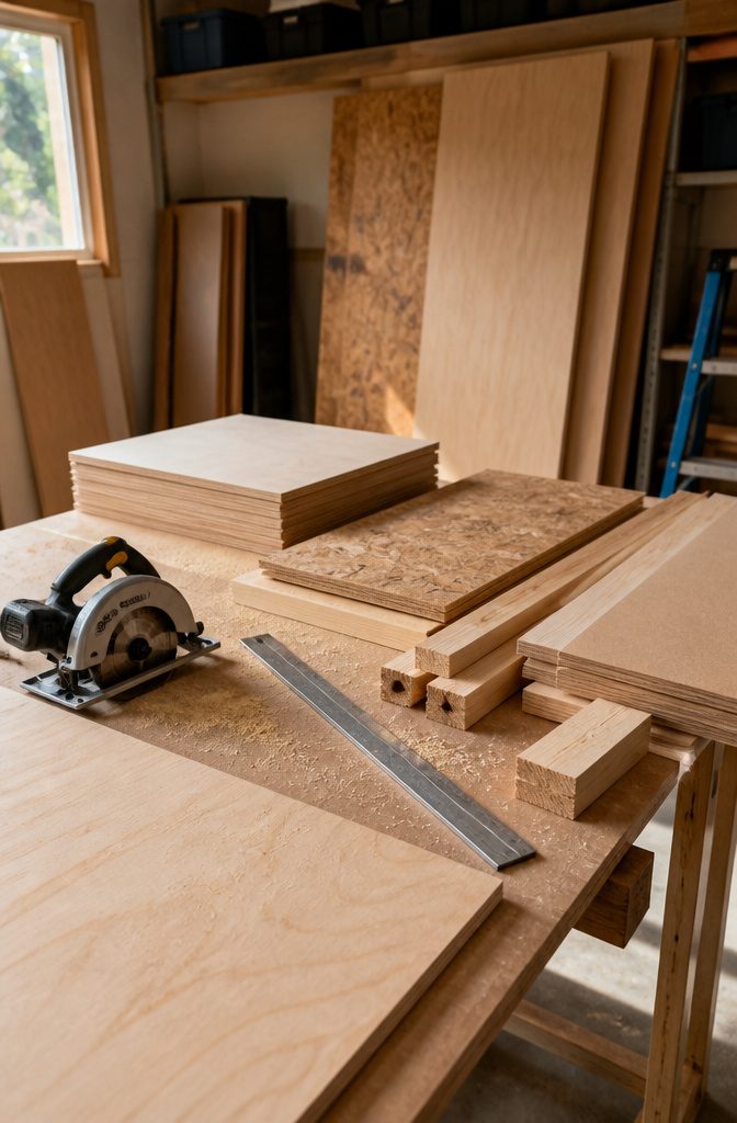 Birch plywood OSB and hardboard beside cabinet pieces and circular saw
