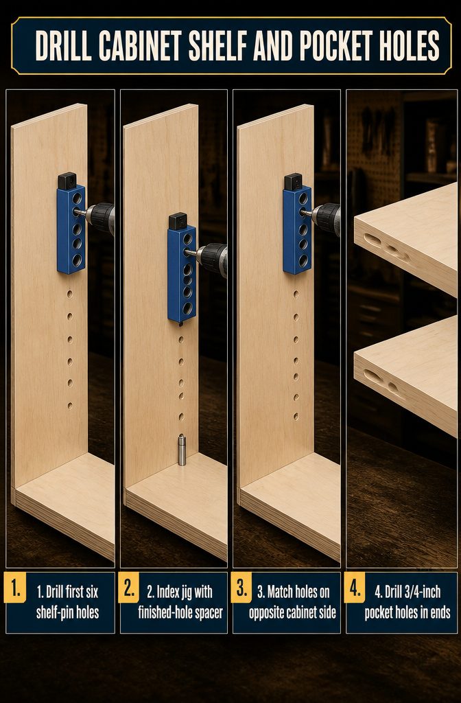 Shelf pin jig and pocket hole jig beside cabinet panels