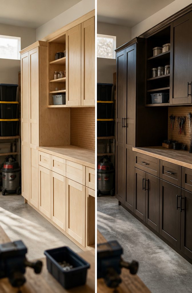 Dark garage cabinets with doors pulls and adjustable shelves