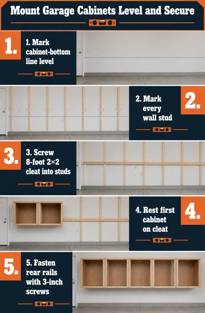 Garage cabinet resting on wall cleat with stud marks and mounting screws