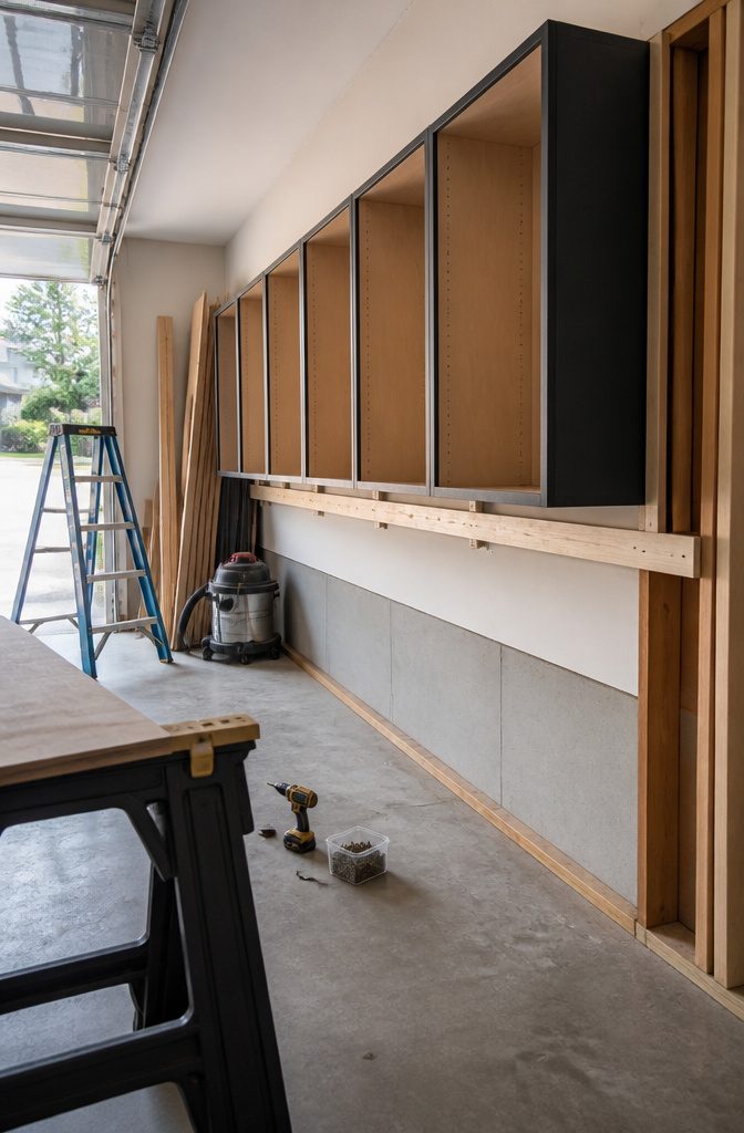 Garage cabinets supported by a 2x2 cleat with mounting screws visible