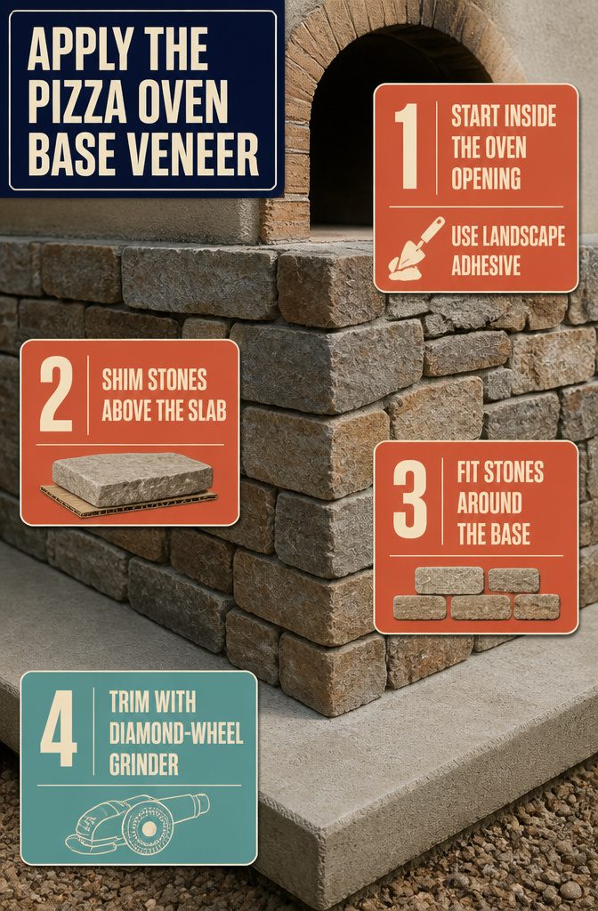 Cultured-stone veneer covering the oven base with cut corner pieces