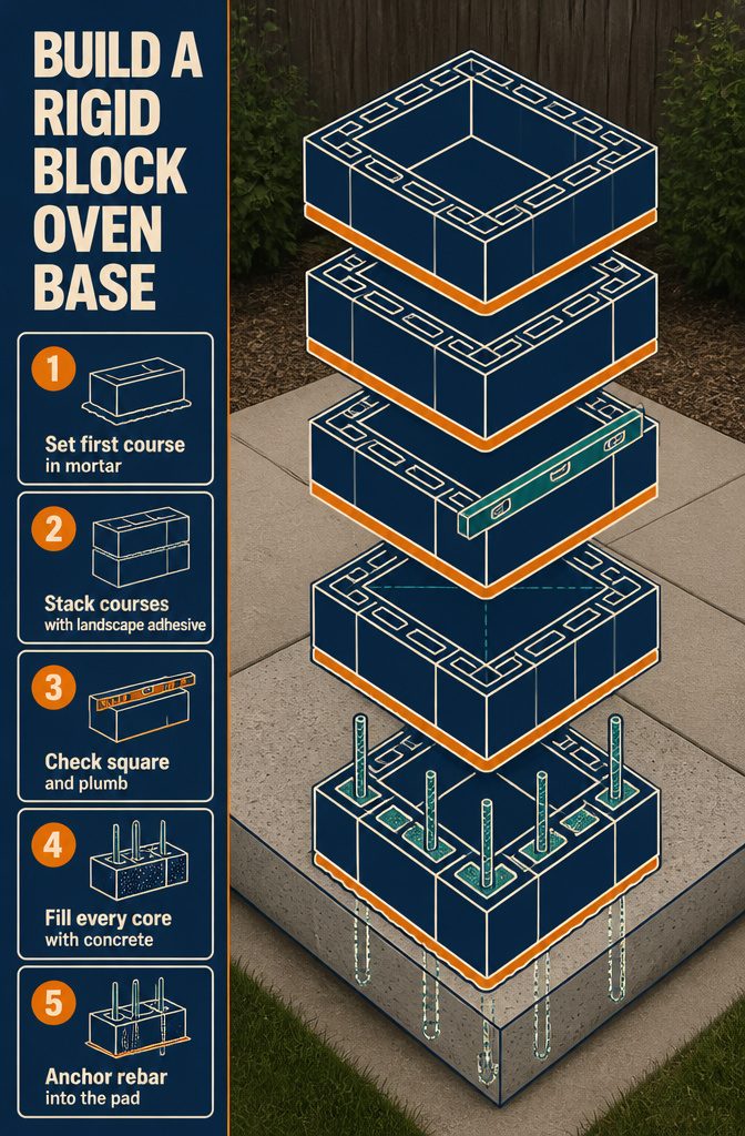 Stacked concrete blocks forming a square oven base