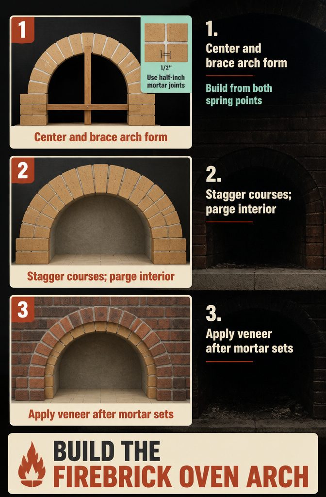 Firebrick oven arch with staggered joints around the opening