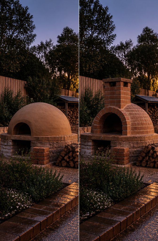 Brick pizza oven with chimney above the dome and open oven mouth