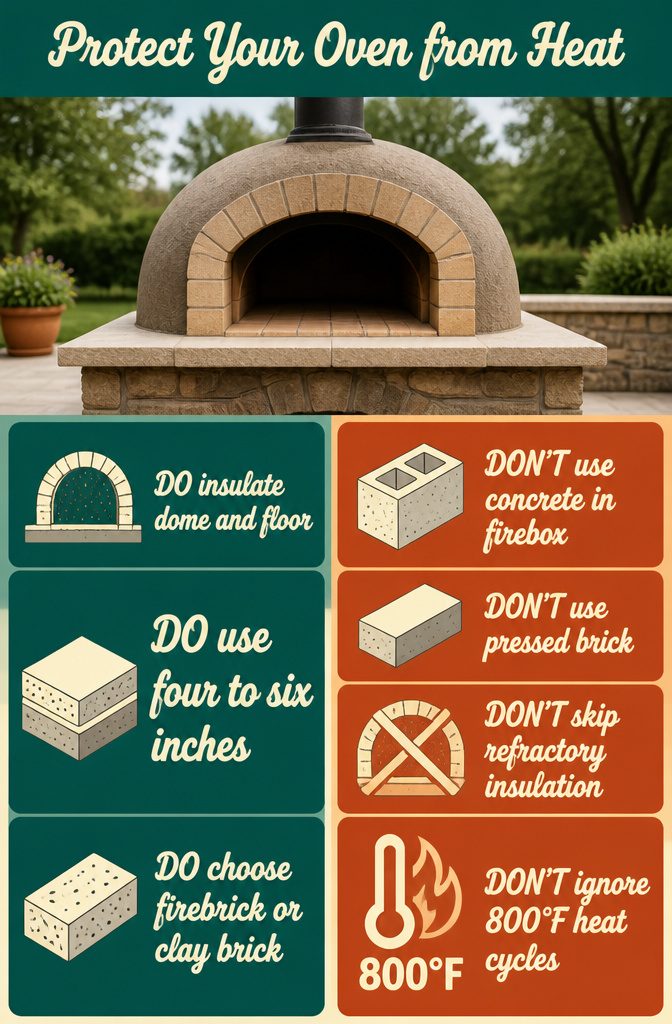 Firebrick oven dome and floor with insulation layers