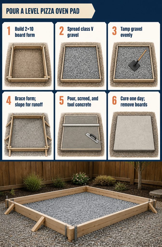 Wooden pad form containing a tamped gravel base