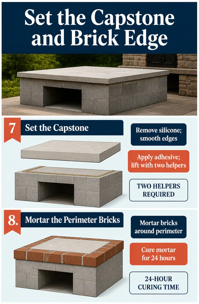 Concrete capstone topped with a perimeter of mortared bricks