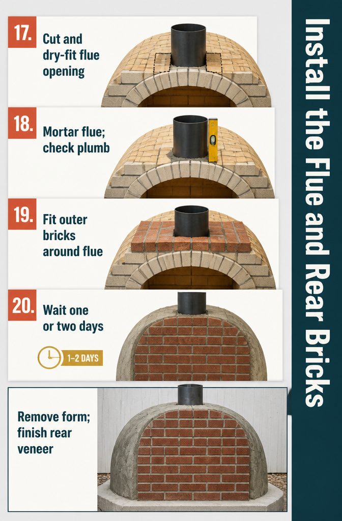 Flue set above cut firebricks with outer bricks around the oven