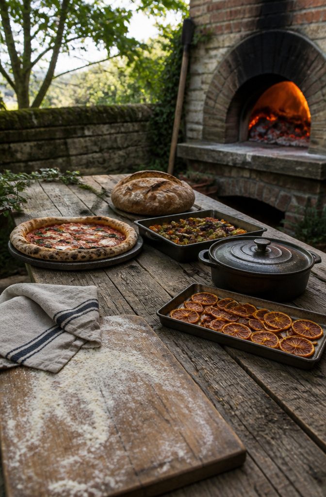 Pizza bread vegetables braise and fruit arranged beside a brick oven