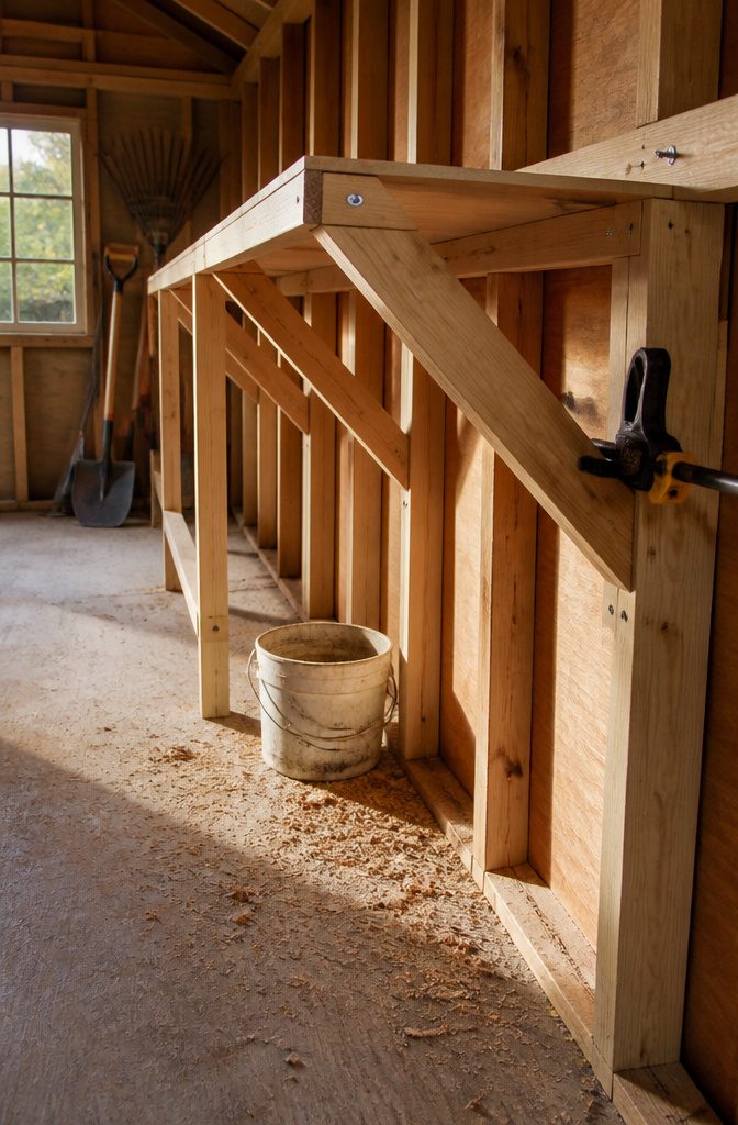 Shed shelf frame with angled wall braces outer legs and a clamp