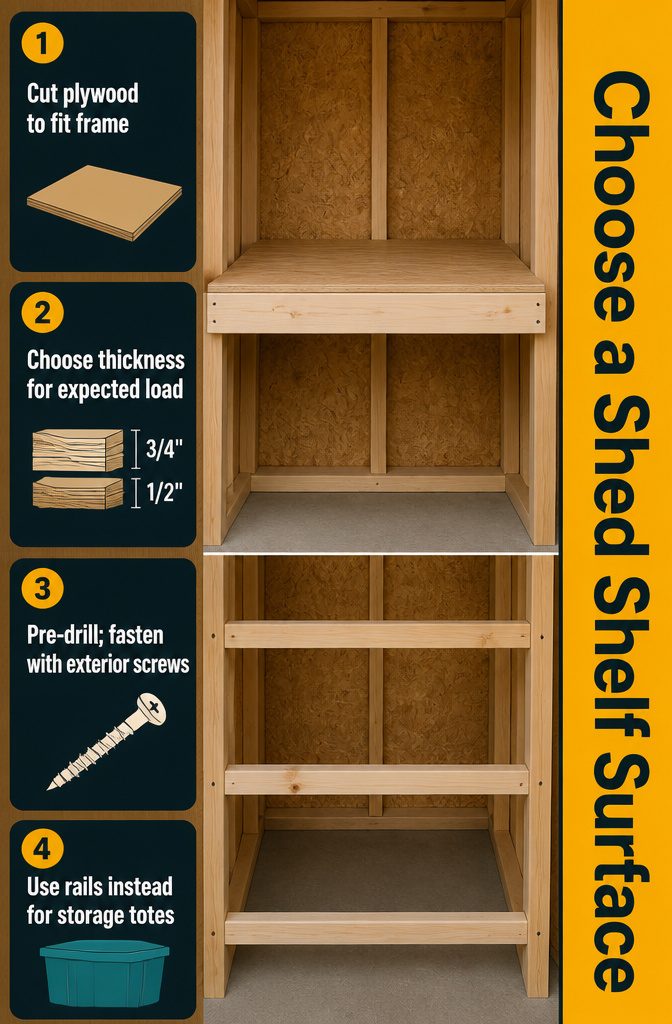Plywood shelf panel fitted across a shed frame with visible supporting rails