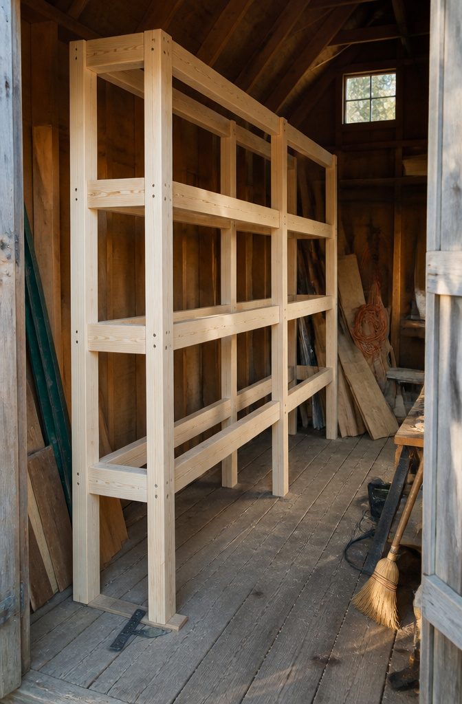 Freestanding shed shelf frame with paired rails upright posts and a shim at its base